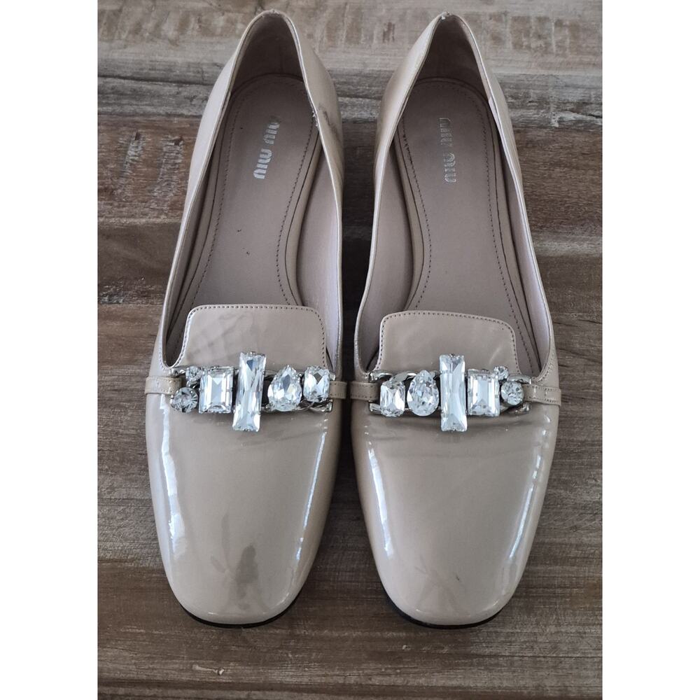 Miu Miu Beige Patent Leather Crystal Embellished Loafers Flats Size 40